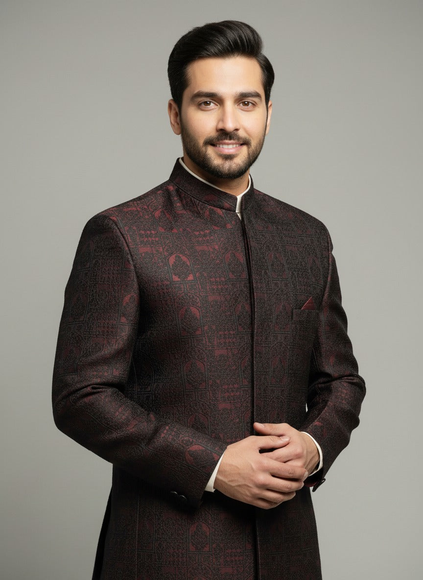 BROWN SELF EMBRIODERED PRINCE COAT