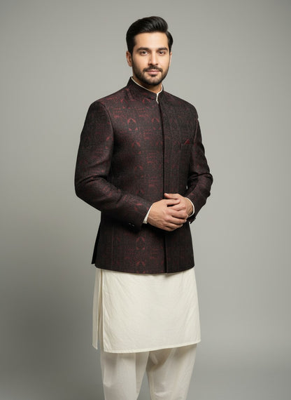 BROWN SELF EMBRIODERED PRINCE COAT