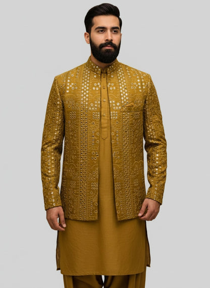 Cotton Silk Embroidered Open- Prince Coat