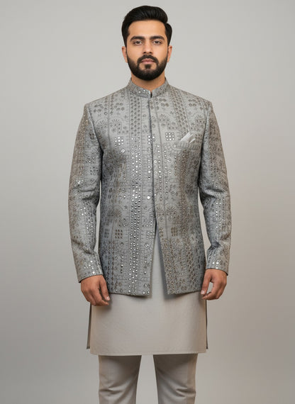 Cotton Silk Embroidered Open- Prince Coat