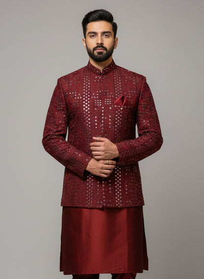 Cotton Silk Embroidered Open- Prince Coat