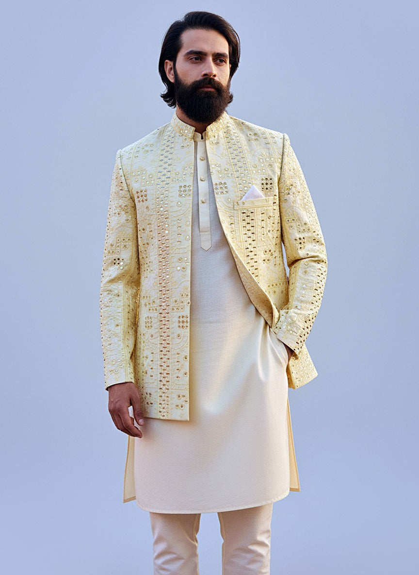 Cotton Silk Embroidered Open- Prince Coat