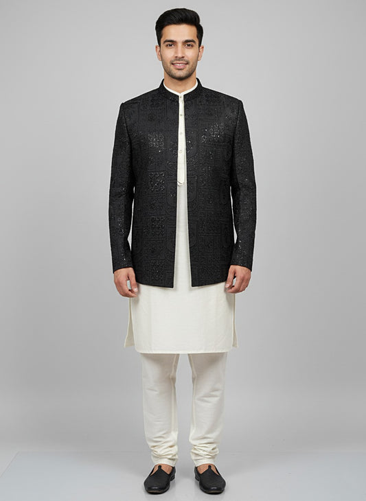 Cotton Silk Embroidered Black Prince Coat