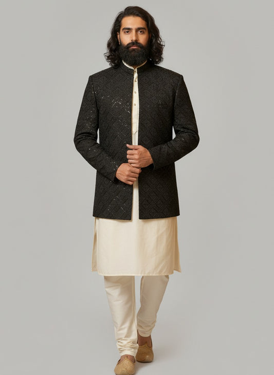 Cotton Silk Black Embroidered Open Prince Coat